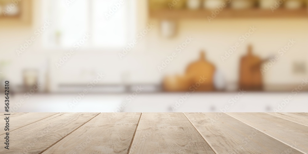 Empty wooden table top with out of focus lights bokeh rustic farmhouse kitchen background - obrazy, fototapety, plakaty 