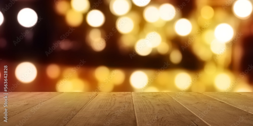 Empty wooden table top with out of focus golden lights bokeh background Empty wooden table top with out of focus golden lights bokeh background