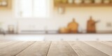 Empty wooden table top with out of focus lights bokeh rustic farmhouse kitchen background
