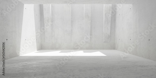 Abstract large, empty, modern concrete room, sunlight from roof opening, tilted pillar row and rough floor - industrial interior background template