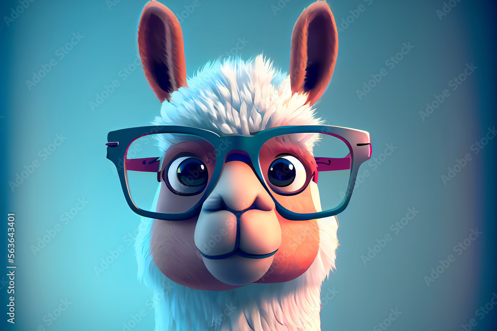Fototapeta premium Portrait of a funny llama in glasses, ai illustration