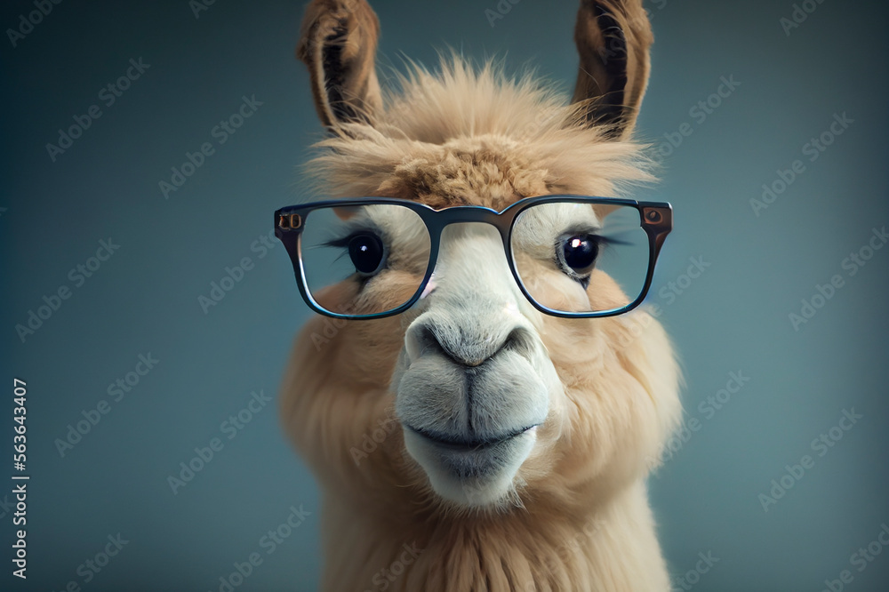Fototapeta premium Portrait of a funny llama in glasses, ai illustration