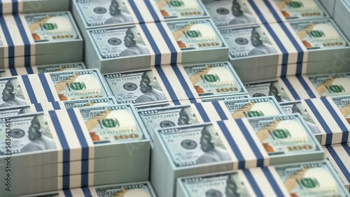 Dollar pack stacks.  100 dollar banknotes. Business financial and investment  concept. 3d loopable seamless animation