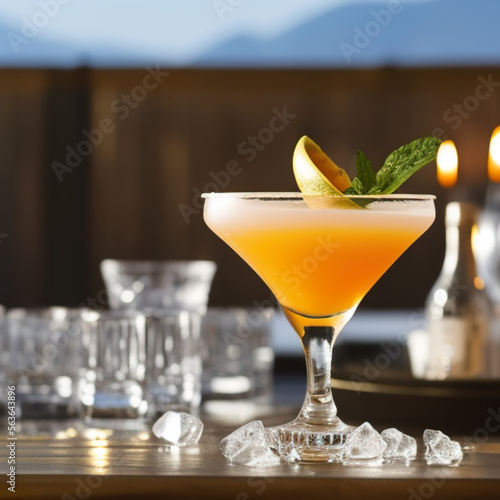 colorful cocktail drink with juice in snowy mountaint resort