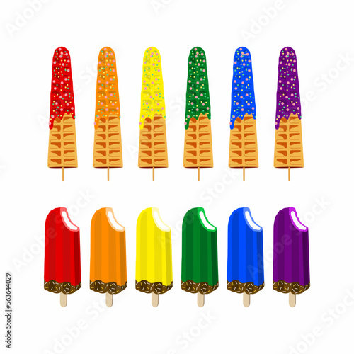 Rainbow colors of waffles and ice creams. Sweet food and dessert food, vector illustration of golden brown homemade corn dog or hot dog waffle on a stick in various flavors decorations and chocolate.