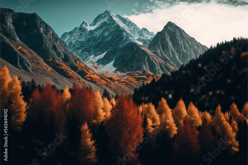 Autumn landscape against the backdrop of large mountains