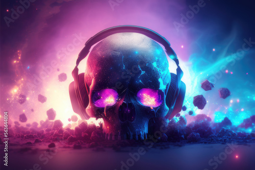 Tête de mort DJ musique électro. Crâne avec casque de gamer jeux vidéo. Déco pop art moderne. Generative AI.