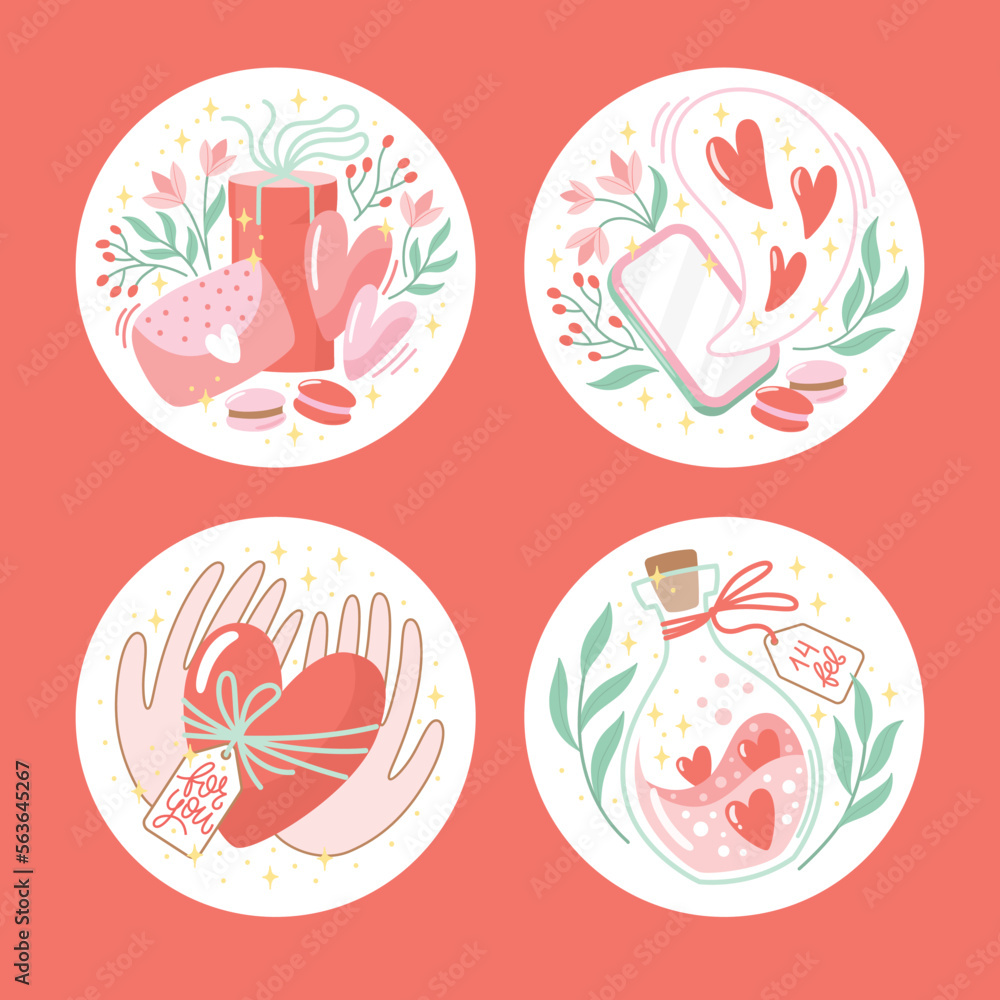 Obraz premium Set of vector illustrations with lettering in Russian. Beautiful collection with hand-drawn stickers with hearts, flowers and decorative elements. Romantic clipart design.