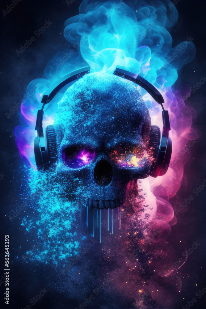Tête de mort DJ musique électro. Crâne avec casque de gamer jeux vidéo. Déco pop art moderne. Generative AI.