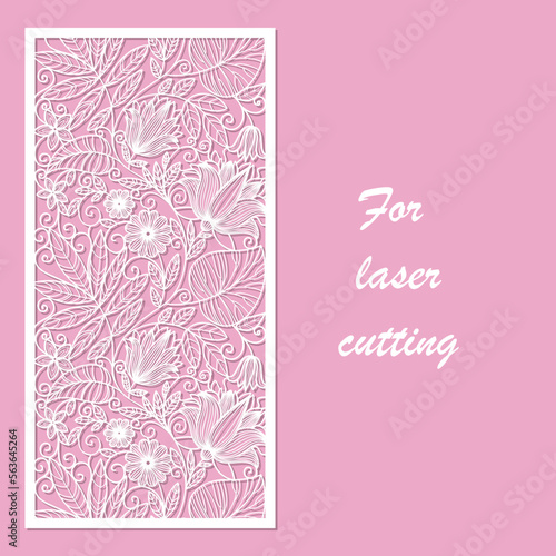 Postcard with floral pattern. Template for laser cutting of any materials. For the design of wedding cards, invitations, menus, decoration of interior elements, furniture, etc. Vector