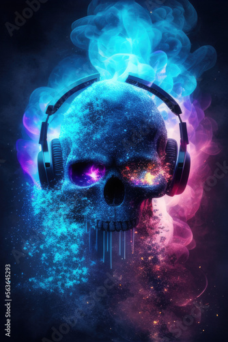 Obraz na płótnie Tête de mort DJ musique électro. Crâne avec casque de gamer jeux vidéo. Déco pop art moderne. Generative AI. w salonie