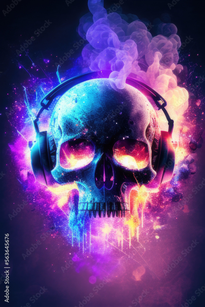 Tête de mort DJ musique électro. Crâne avec casque de gamer jeux vidéo. Déco pop art moderne. Generative AI.