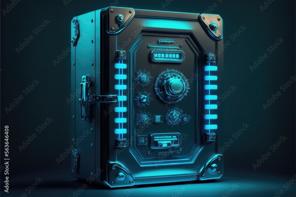 Digital safe box blue background. Cyber technology for finance or business. Generative AI Digital safe box blue background. Cyber technology for finance or business. Generative AI