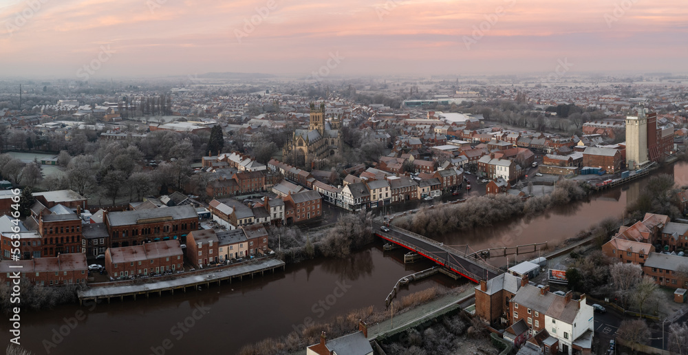 Aerial view of the North Yorkshire market town of Selby at sunrise