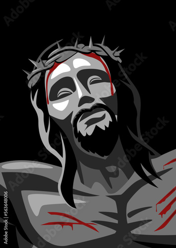 Jesus face on the cross wearing a crown of thorns