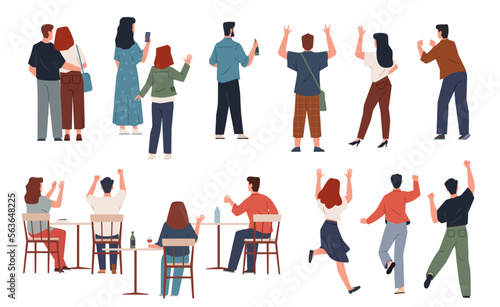 Cheering people back. Pozitive excited characters, rear view men and women, happy spectators and fans, standing and sitting, waving hands, different gestures, nowaday vector cartoon flat set