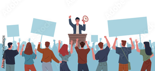 Public megaphone speaking. Man at rally shouts through loudspeaker, voice communication, people listening leader, protest or demonstration with banners, nowaday vector cartoon flat concept