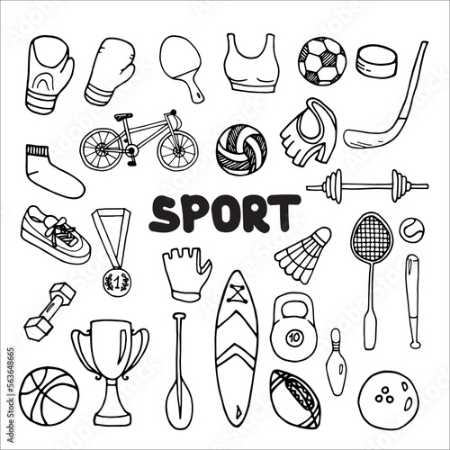 Sport equipment set doodle style vector illustration isolated on white