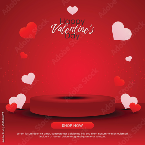 Square banner happy valentine's day with red hearts and podium