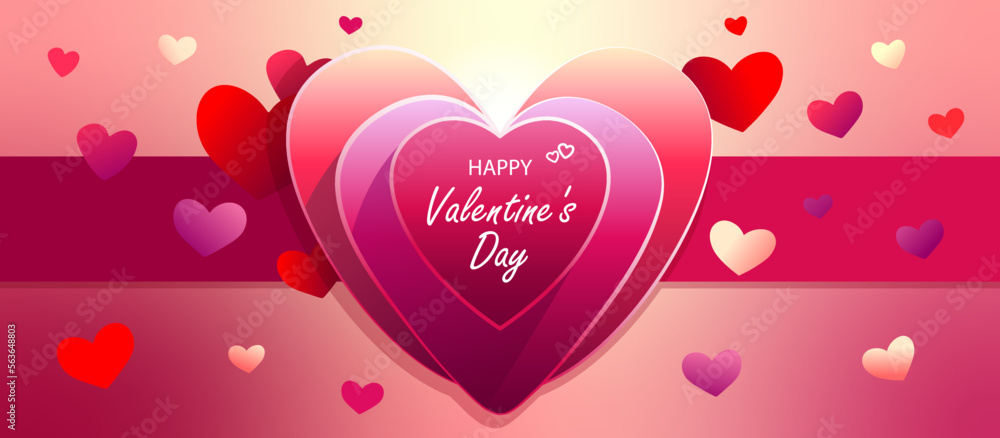 Happy Valentine's Day banner with hearts. Can be used for greeting card, poster template, wallpaper, invitation, social media post, mobile apps, web. Vector illustration.