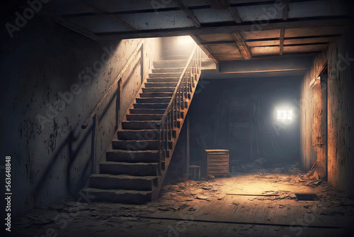 Papier peint Lantern-lit staircase descending into dirty dusty abandoned basement
