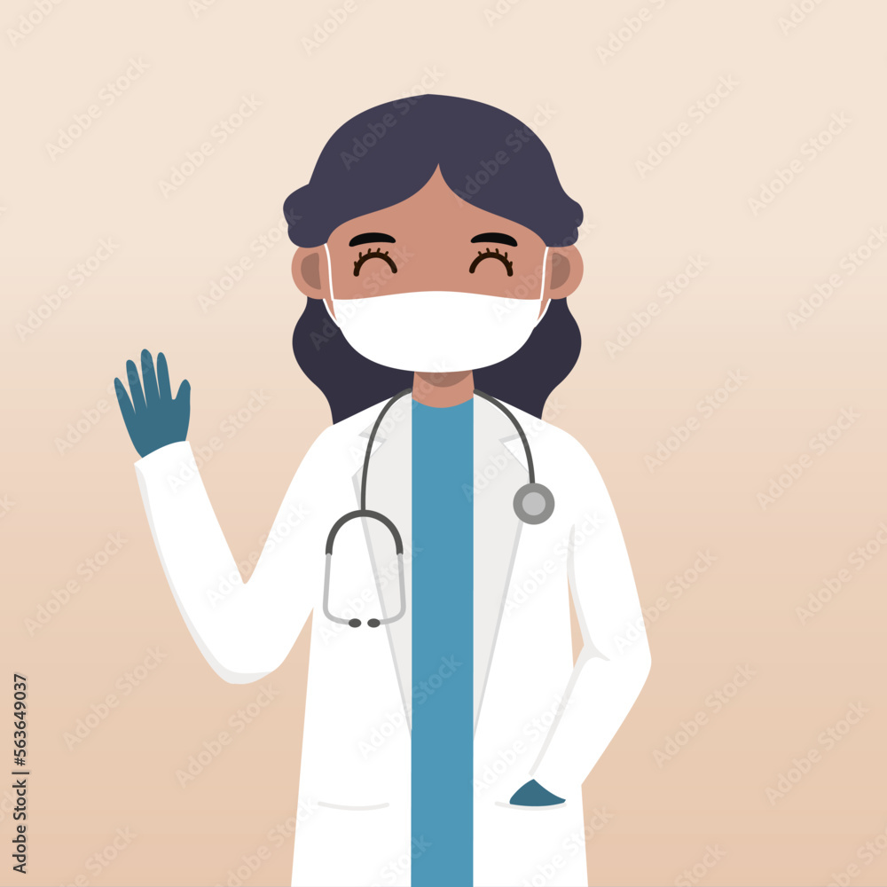 Front view doctor character. Doctor character creation set with face emotion, pose and gesture. Cartoon style, flat vector illustration.Female doctor using mask. finger pointing up, holding clipboard. Front view doctor character. Doctor character creation set with face emotion, pose and gesture. Cartoon style, flat vector illustration.Female doctor using mask. finger pointing up, holding clipboard.