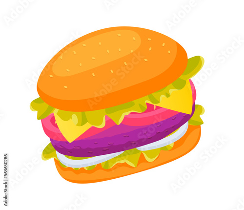 Burger with delicious fillings. Fast food and takeaway. Illustration in cartoon sticker design
