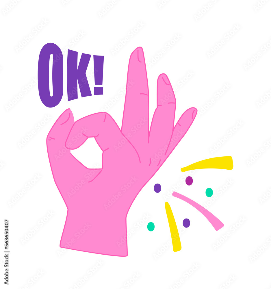 Human hand with two fingers shows ok and approve gesture. Illustration in cartoon sticker design Human hand with two fingers shows ok and approve gesture. Illustration in cartoon sticker design