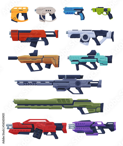 Futuristic weapons for games. Laser weapons of the future. Space blasters. Futuristic pistols, rifles, assault rifles. Vector illustration