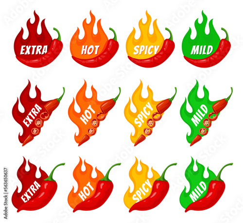 Food spiciness measurement icons set. Chili pepper on the background of fire with a level of spiciness. Vector illustration