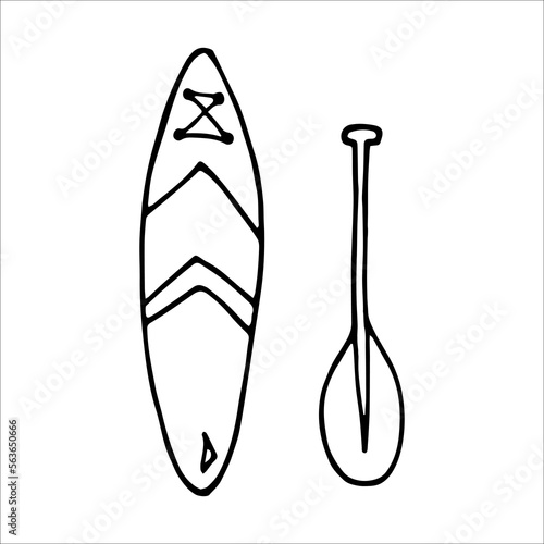 Sup surfing equipment set doodle style vector illustration isolated on white