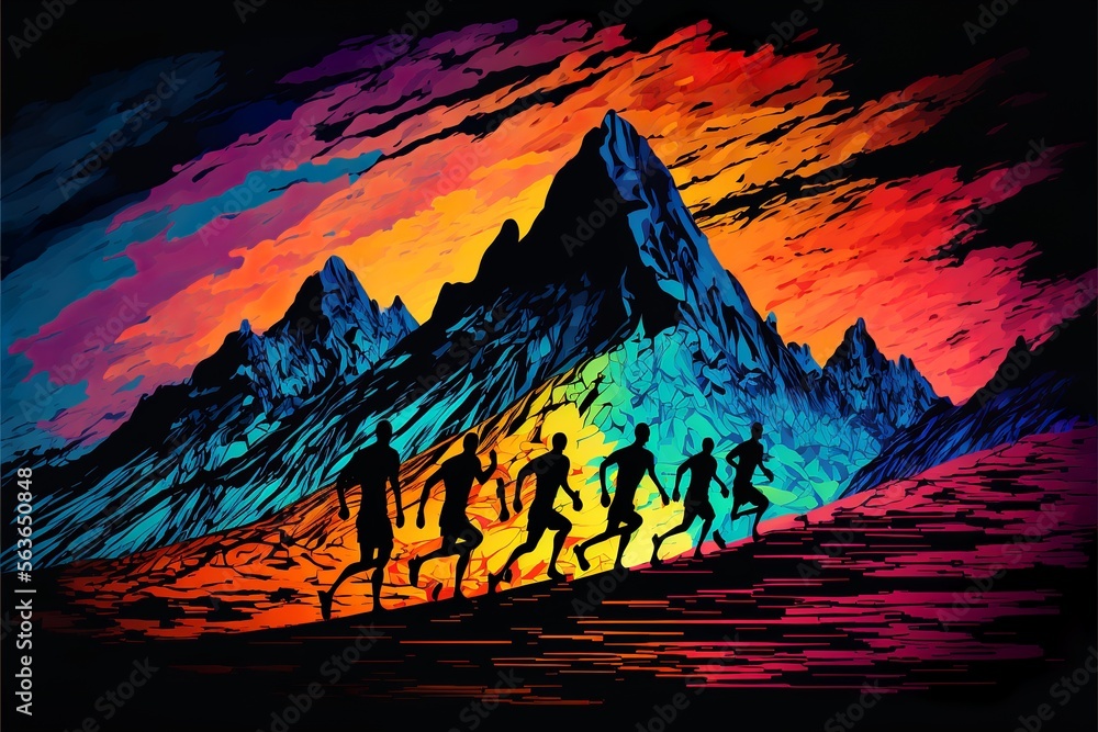 Dynamic marathon runners silhouette running in the mountains with big colorful high peak silhouette background