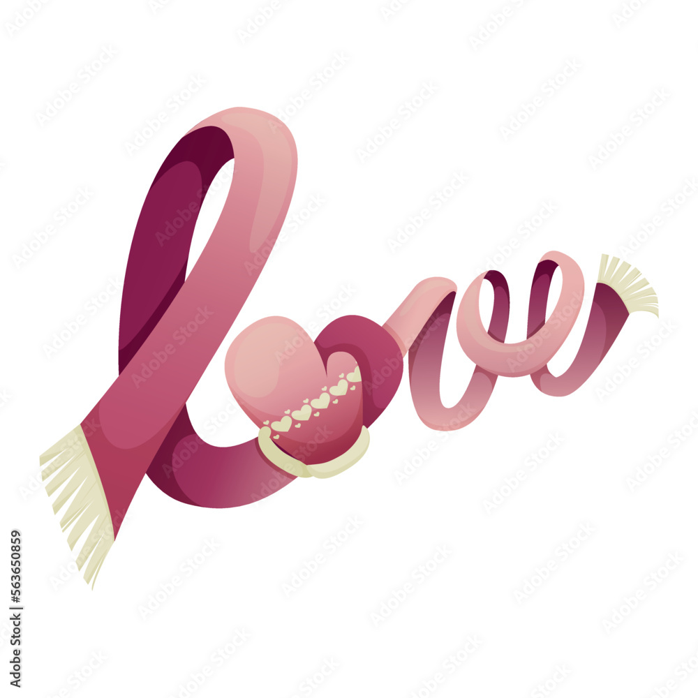 Scarf and mittens, stylized lettering of the word Love - winter vector illustration for Valentine's Day, Mitten Day, Hug Day