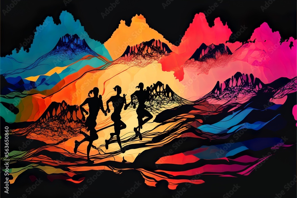 Fototapeta premium Dynamic marathon runners silhouette running in the mountains with big colorful abstract hill silhouette background