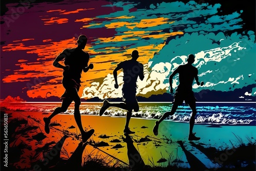 Dynamic marathon runner man silhouette running on a beach with sea, cloud and sunset silhouette colorful background