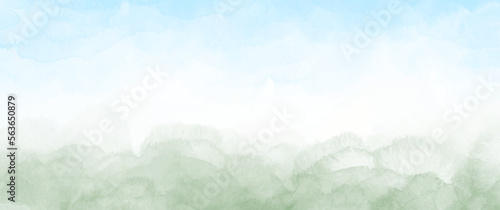 Spring watercolor background for poster, cover, banner, flyer, cards. Hand-drawn summer illustration for design. Minimalistic backdrop. Green grass and blue sky.