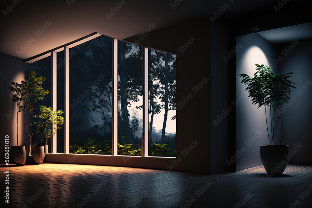 Fototapeta premium Eco-Chic Living: A Room with Artificial Light and Sustainable Furnishings during the Night. Generative AI.