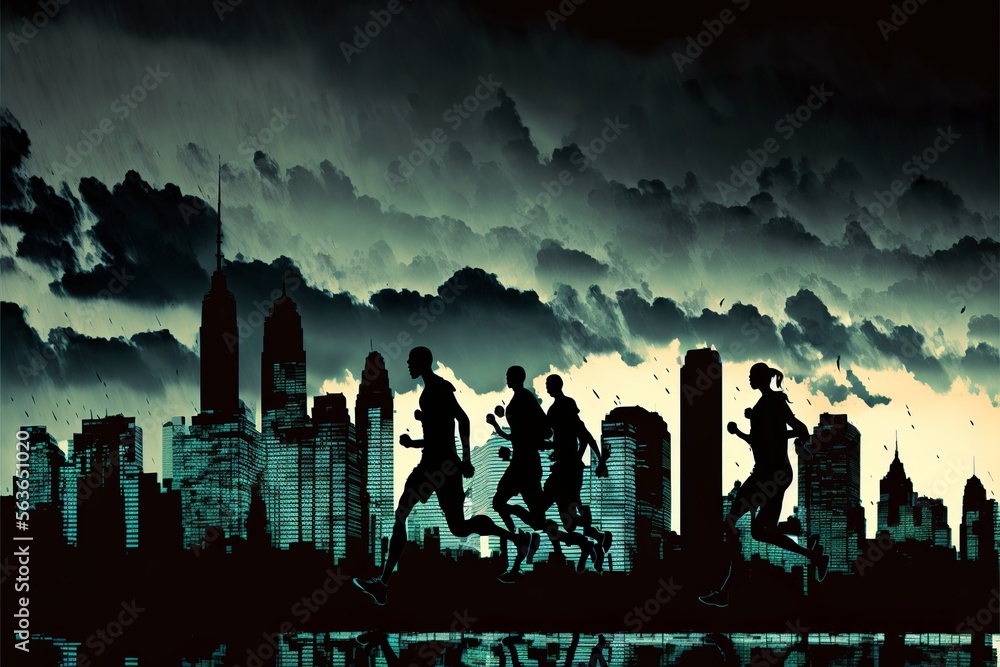 Dynamic marathon runners silhouette running in a cloudy stormy big city silhouette background with skyscrapers and with a stormy bluish tint