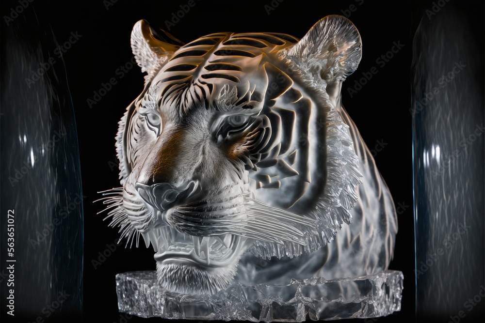 Majestic transculent tiger ice statue with ferociously staring eyes