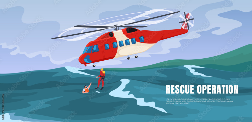Rescue helicopter in the sea with a group of rescuers. Rescue and ...