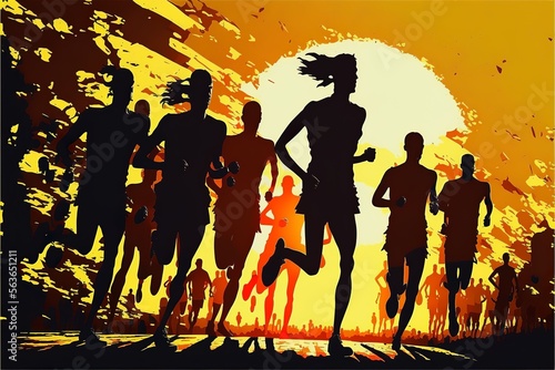 Dynamic marathon runners silhouette running on a field with stormy cloudy silhouette background with a yellow orange color and a big sun