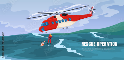 Rescue helicopter in the sea with a group of rescuers. Rescue and search for victims at sea during a storm. Vector illustration