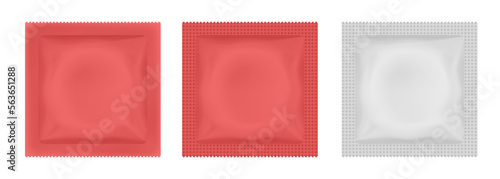 Red condom packaging mockup. Contraception method, safe love. Foil pouch