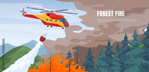 A rescue helicopter extinguishes a forest fire. Remote extinguishing of fires in mountainous areas. Combating natural disasters. Vector illustration