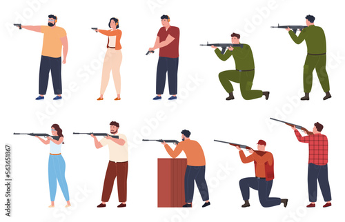 People in different poses shoot firearms. Shooting range training with different types of weapons. Vector illustration