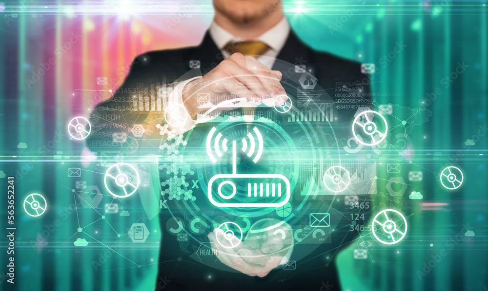 Businessman holding technology icon concept Businessman holding technology icon concept