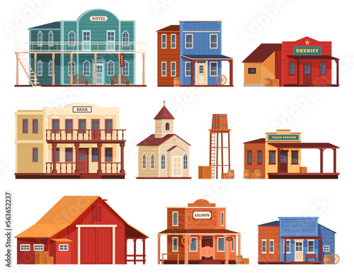 Buildings in the style of the wild west. Old wooden houses of different types in the wild west. Living and daily life of cowboys in the countryside. Vector illustration