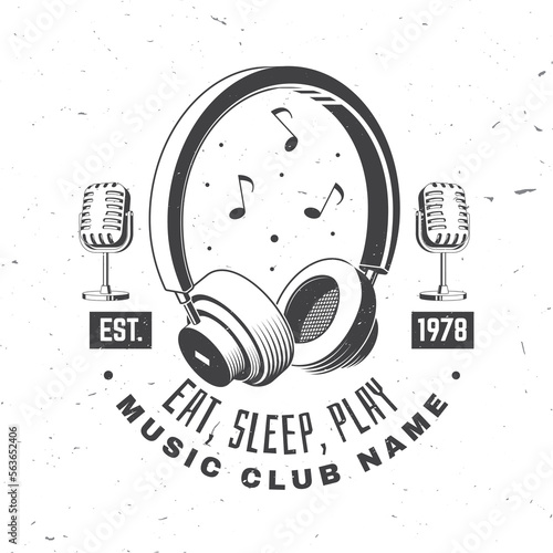 Music club poster, banner. Retro headphones with microphone vintage typography design for t shirt, emblem, logo, badge design. Vector illustration