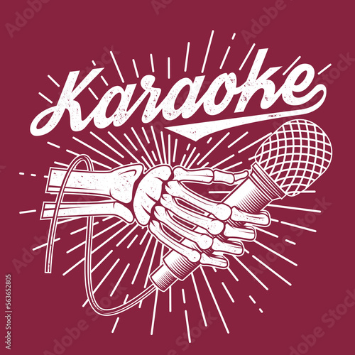 Karaoke party poster, banner. Skeleton hand with retro microphone with sunburst vintage typography design for t shirt, emblem, logo, badge design. Vector illustration. Bones hand vintage.