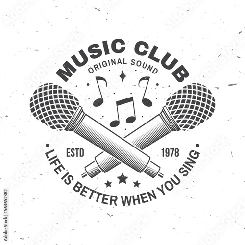 Music club logo, badge, label. Retro poster, banner with microphone, vintage typography design for t shirt, emblem, logo, badge design. Vector illustration. Equipment for listening and recording sound